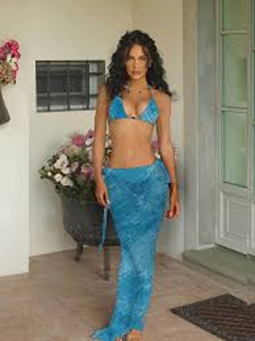 SEXY Mermaid THREE PIECE Bikini Set w Maxi Skirt Blue NEW NIP Size Small S